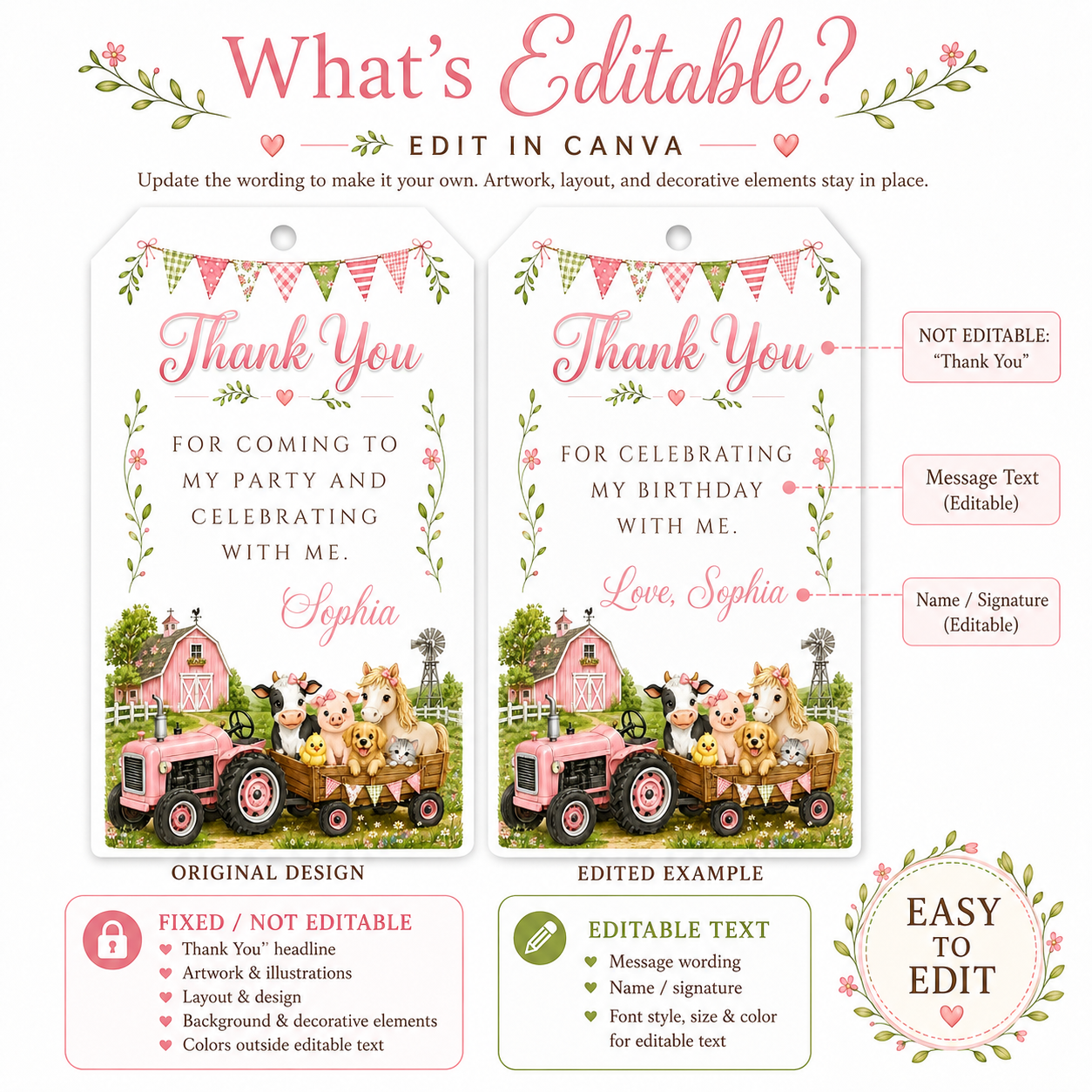 Barnyard birthday thank-you favor tag featuring a pink tractor, pink barn, cow, pig, pony, chick, puppy, kitten and pastel bunting.
