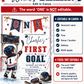 Hockey first birthday invitation with toddler hockey player, goal net, scoreboard, skates, puck, stick, helmet, gloves, snowflakes, and red navy sports details