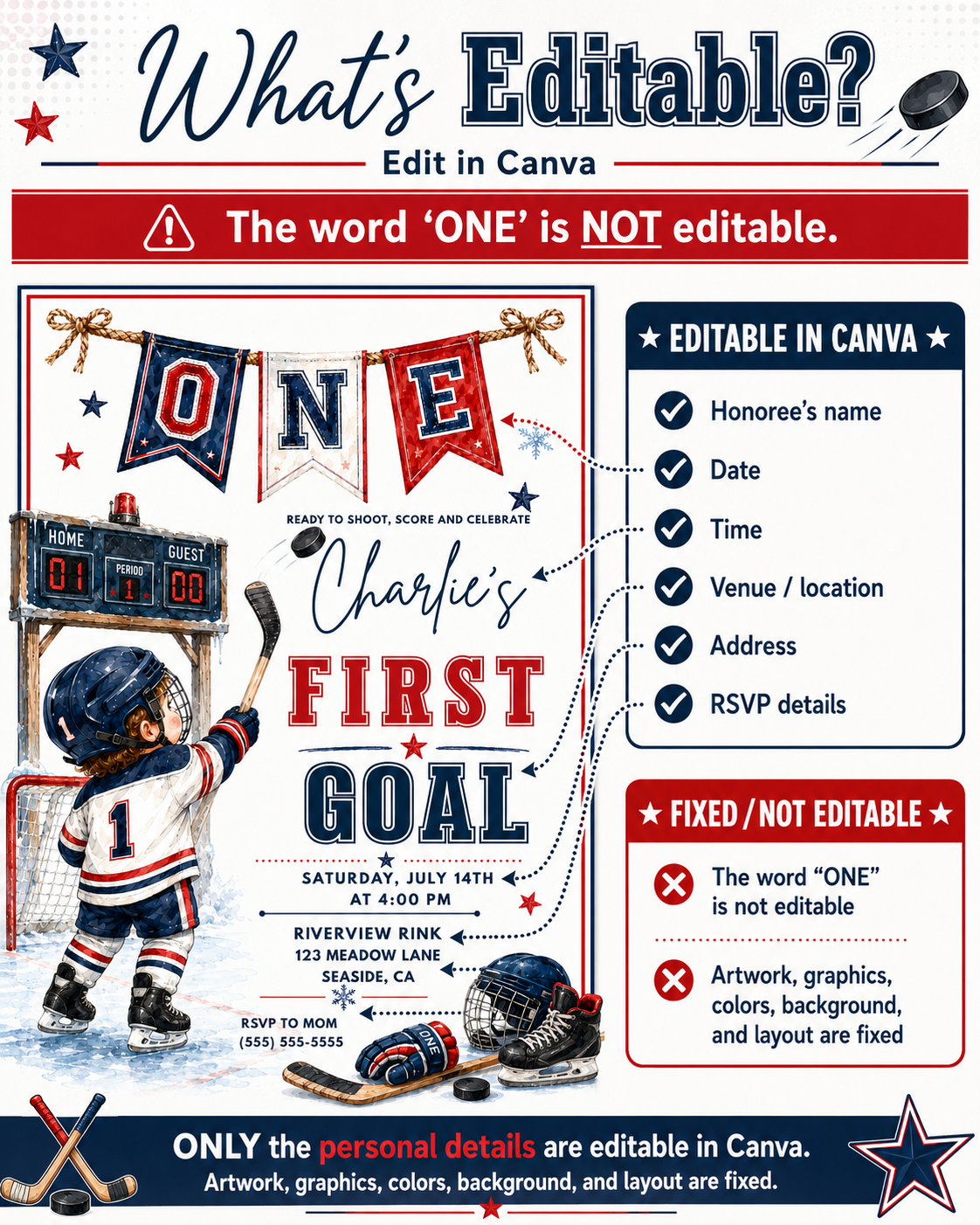 Hockey first birthday invitation with toddler hockey player, goal net, scoreboard, skates, puck, stick, helmet, gloves, snowflakes, and red navy sports details