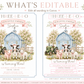 Our little farmer girl birthday invitation with a blue barn, green tractor, calf, piglet, and lamb in pink bows in soft pink and blue
