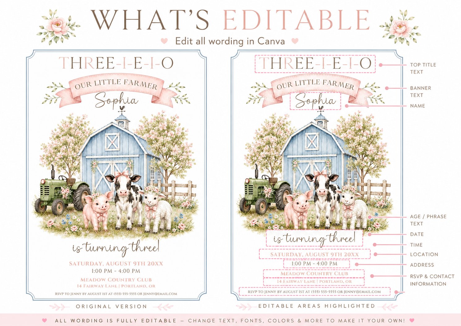Our little farmer girl birthday invitation with a blue barn, green tractor, calf, piglet, and lamb in pink bows in soft pink and blue
