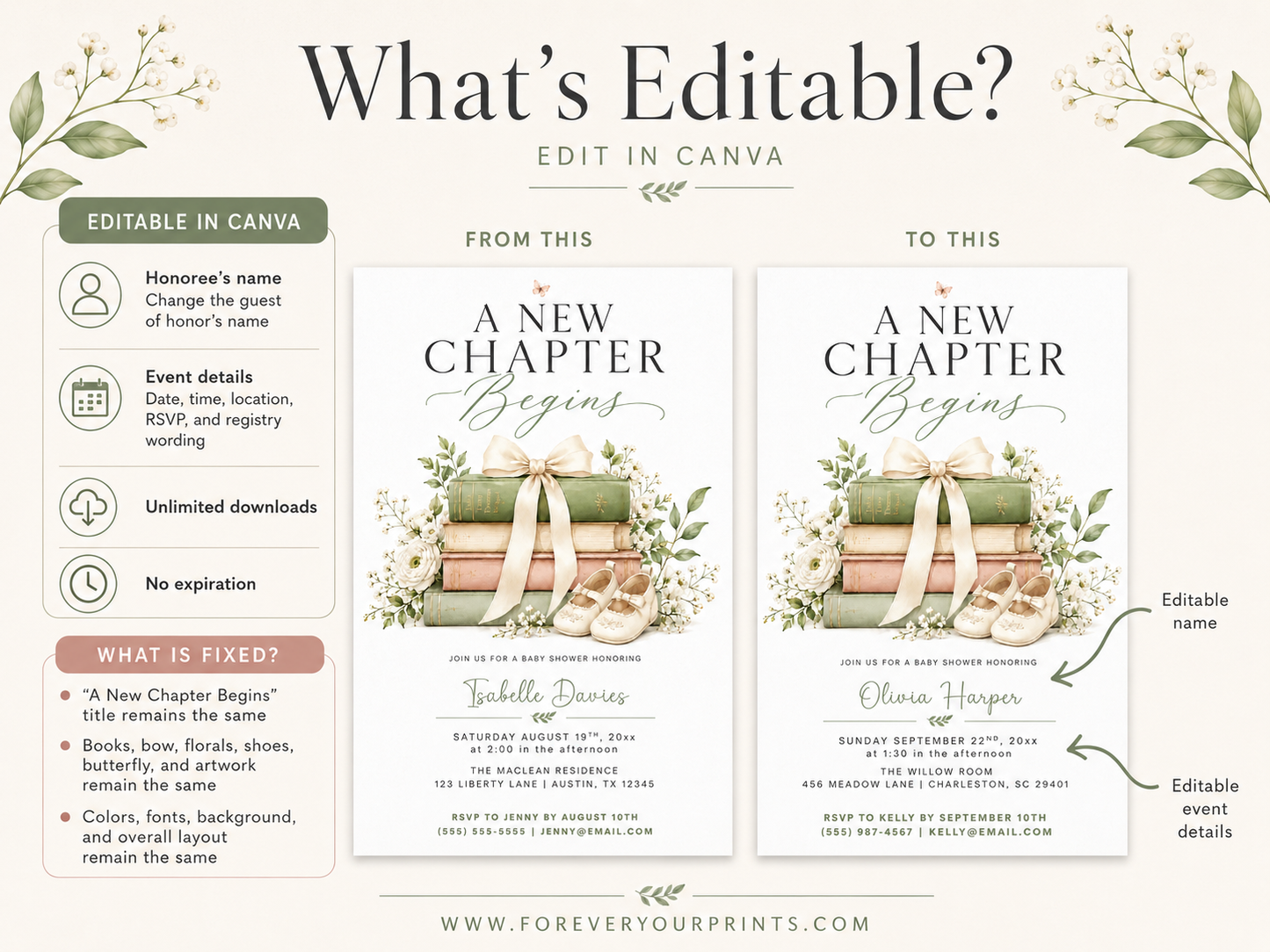 Editable a new chapter baby shower invitation Canva template with stacked vintage hardcover books tied with cream bow, baby shoes, white ranunculus, baby's breath, and botanical greenery on a white background