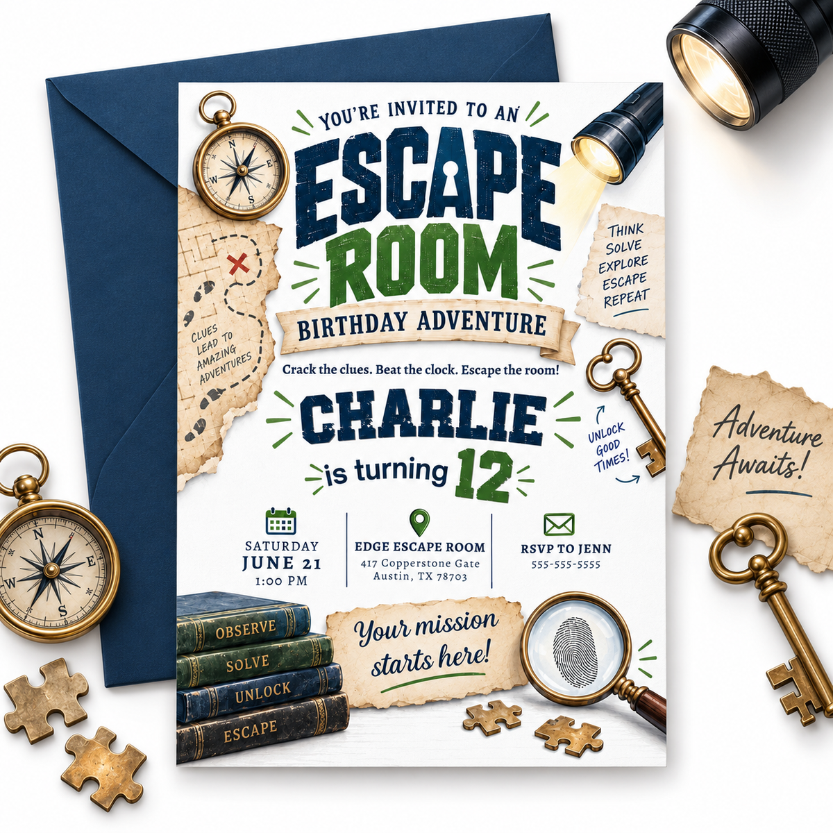 Escape room birthday invitation with vintage keys, compass, flashlight, treasure map clues, fingerprint magnifier, books, and puzzle pieces for a tween party