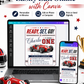 Race car first birthday invitation with red vintage race car, checkered flags, varsity ONE lettering, racing stripes, stars, and bold boys 1st birthday details