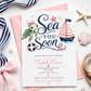 Editable pink nautical girl baby shower invitation Canva template with watercolour sea turtle with pink bow, pink striped sailboat, navy and pink life ring, starfish, and bold navy script with pink calligraphy on a white background