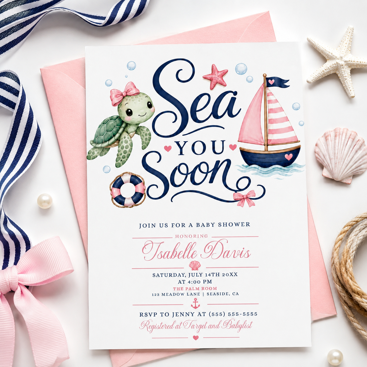 Editable pink nautical girl baby shower invitation Canva template with watercolour sea turtle with pink bow, pink striped sailboat, navy and pink life ring, starfish, and bold navy script with pink calligraphy on a white background