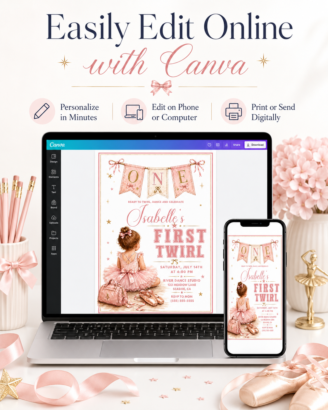 Dance first birthday invitation with little ballerina in pink tutu, ballet slippers, dance bag, bows, gold stars, ONE banner, and soft blush details