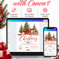 Christmas party invitation with three snow-dusted evergreen trees in wicker baskets, glowing string lights, red bows, gold bells, and a wooden sled carrying wrapped gifts