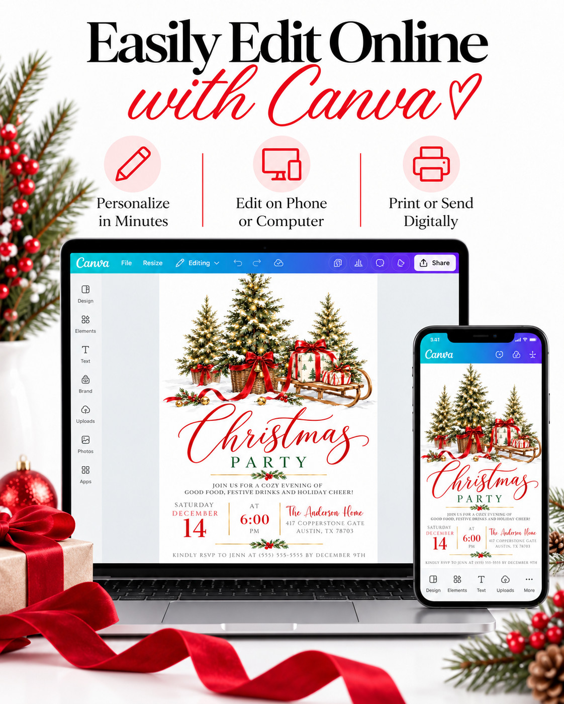 Christmas party invitation with three snow-dusted evergreen trees in wicker baskets, glowing string lights, red bows, gold bells, and a wooden sled carrying wrapped gifts