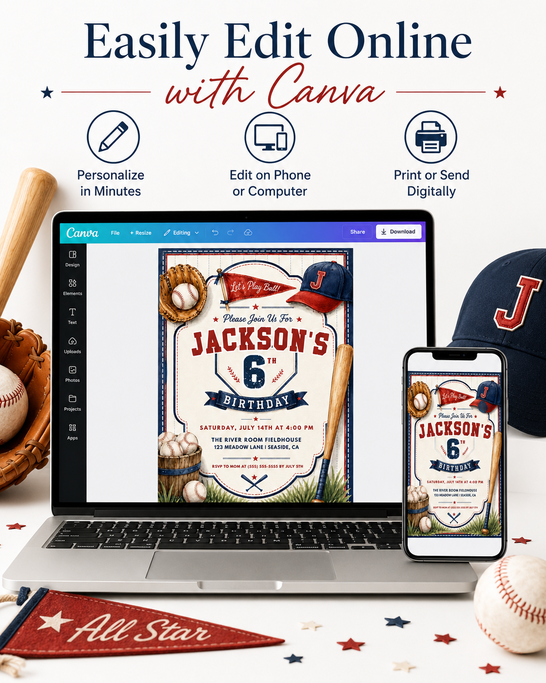 Baseball birthday invitation featuring a glove, baseballs, bat, cap, pennant flag, home plate design and red and navy sports details.

