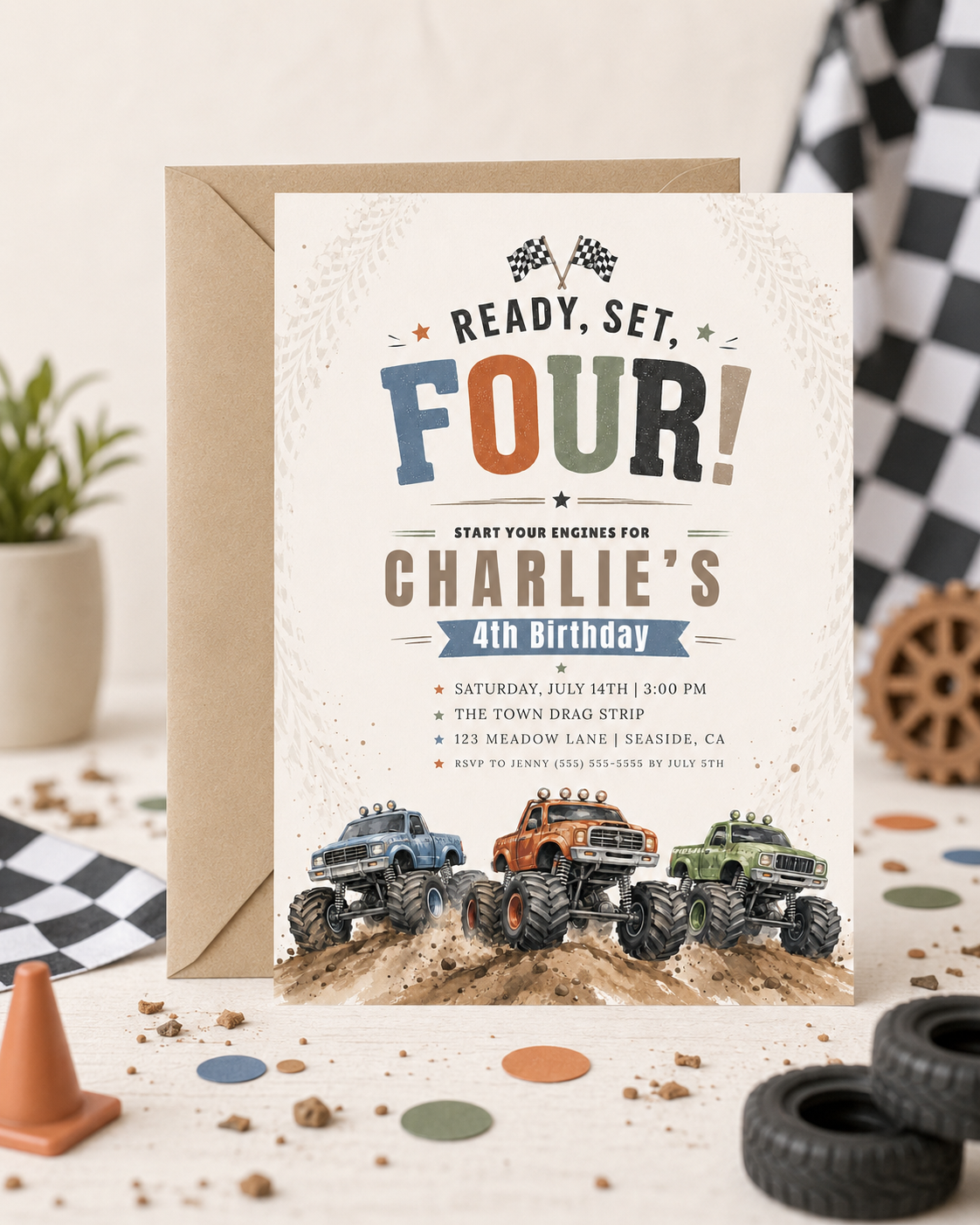 Ready set four monster truck birthday invitation with blue, orange, and green monster trucks on a dirt track with checkered flags in blue, orange, and green