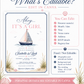 Nautical girl baby shower invitation with a sailboat, seashells, and beach grass in navy and blush pink