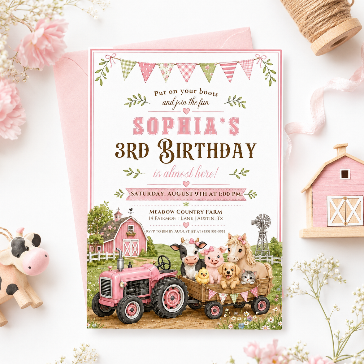 Girls farm birthday invitation featuring a pink tractor, pink barn, wagon, cow, pig, pony, chick and floral bunting.