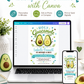 Holy guacamole baby shower invitation with cute smiling avocado characters, teal hearts, greenery accents, playful lettering, and green brown baby boy details
