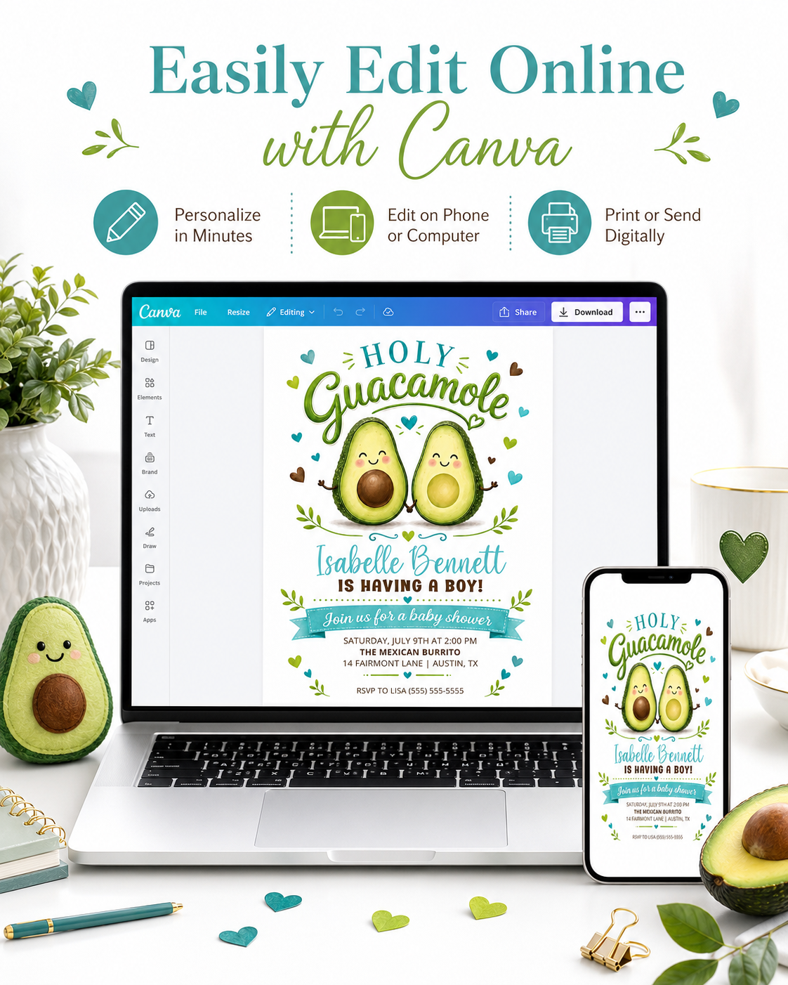 Holy guacamole baby shower invitation with cute smiling avocado characters, teal hearts, greenery accents, playful lettering, and green brown baby boy details