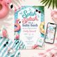 Pool party baby shower invitation with a flamingo float, beach ball, and pink umbrella in pink and aqua