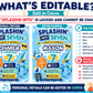 Splashin’ into seven birthday invitation with blue water splashes, swim goggles, surfboard, float tube, beach ball, flip flops, and pool party details