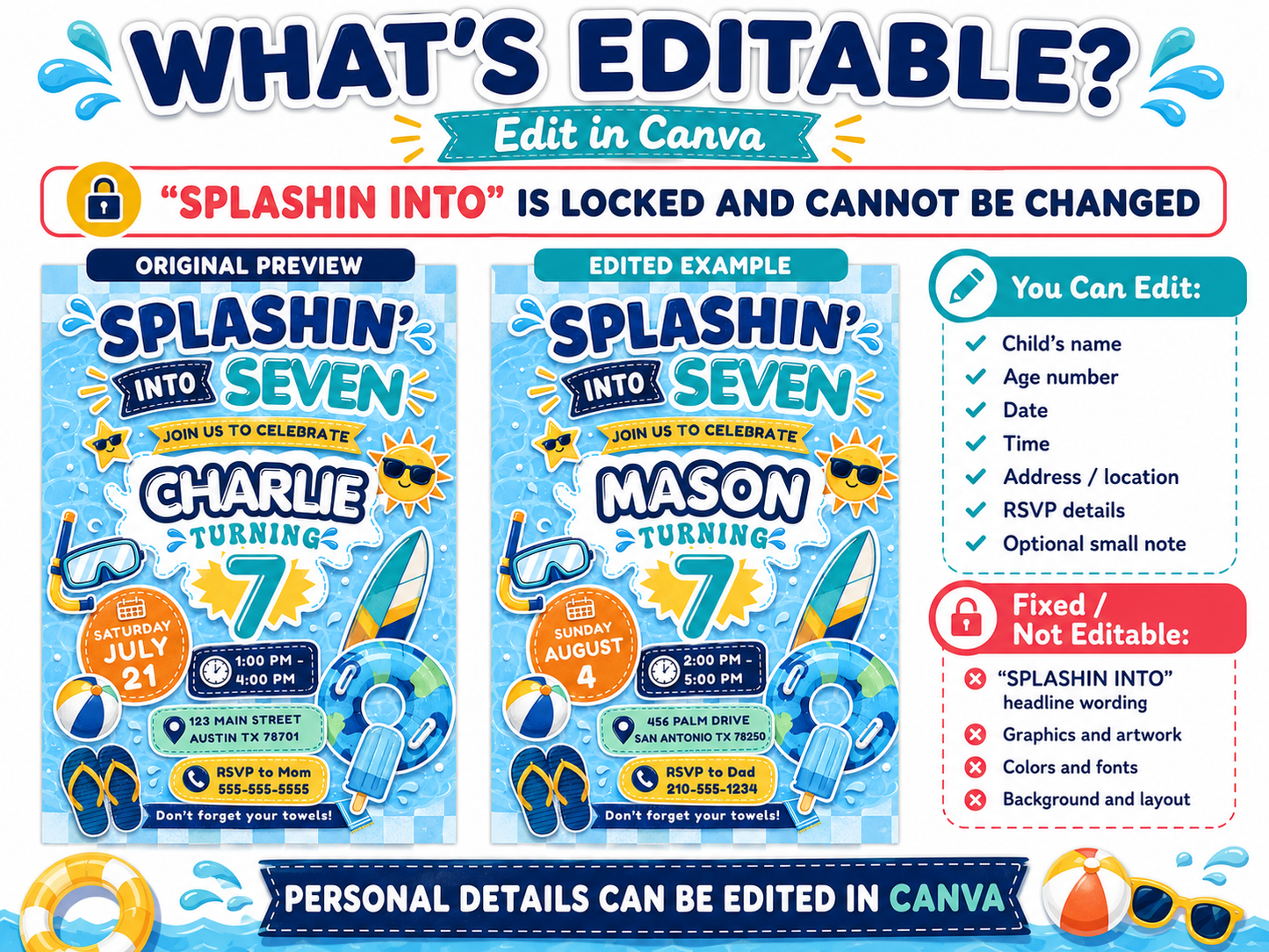 Splashin’ into seven birthday invitation with blue water splashes, swim goggles, surfboard, float tube, beach ball, flip flops, and pool party details