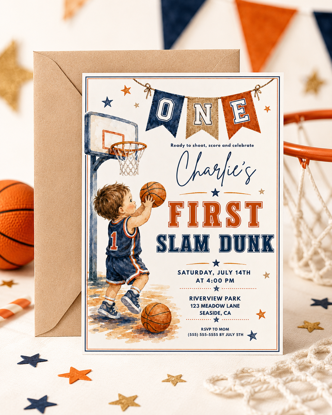 Basketball first birthday invitation featuring a little boy shooting a basketball, hoop, ONE banner, stars and navy and orange sports details.

