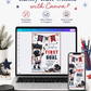 Hockey first birthday invitation with toddler hockey player, goal net, scoreboard, skates, puck, stick, helmet, gloves, snowflakes, and red navy sports details