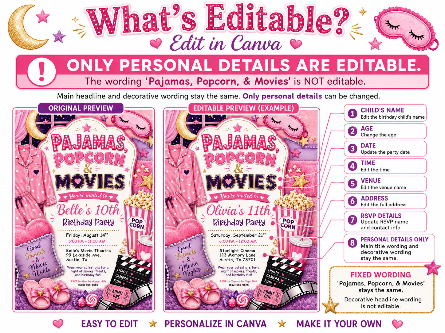 Pajama party movie night birthday invitation featuring pink pajamas, popcorn, slippers, sleep mask, movie ticket, clapperboard and cozy sleepover details.
