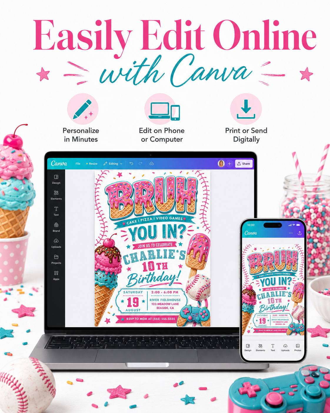 Bruh you in birthday invitation with ice cream cone, cake, baseball, video game controller, waffle letters, sprinkles, and teal pink party details