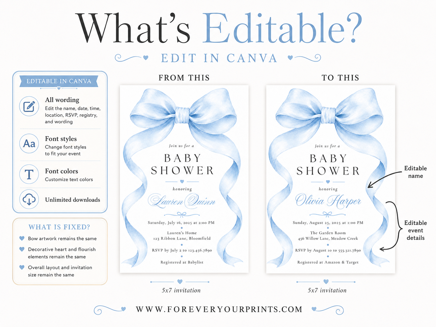 Editable blue bow baby boy shower invitation Canva template with oversized watercolour powder blue bow and flowing ribbon tails, bold spaced serif typography, and blue calligraphy script on a white background