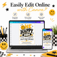 One Happy Dude first birthday invitation with retro smiley face, yellow and black lettering, lightning bolts, stars, and checkerboard birthday party details
