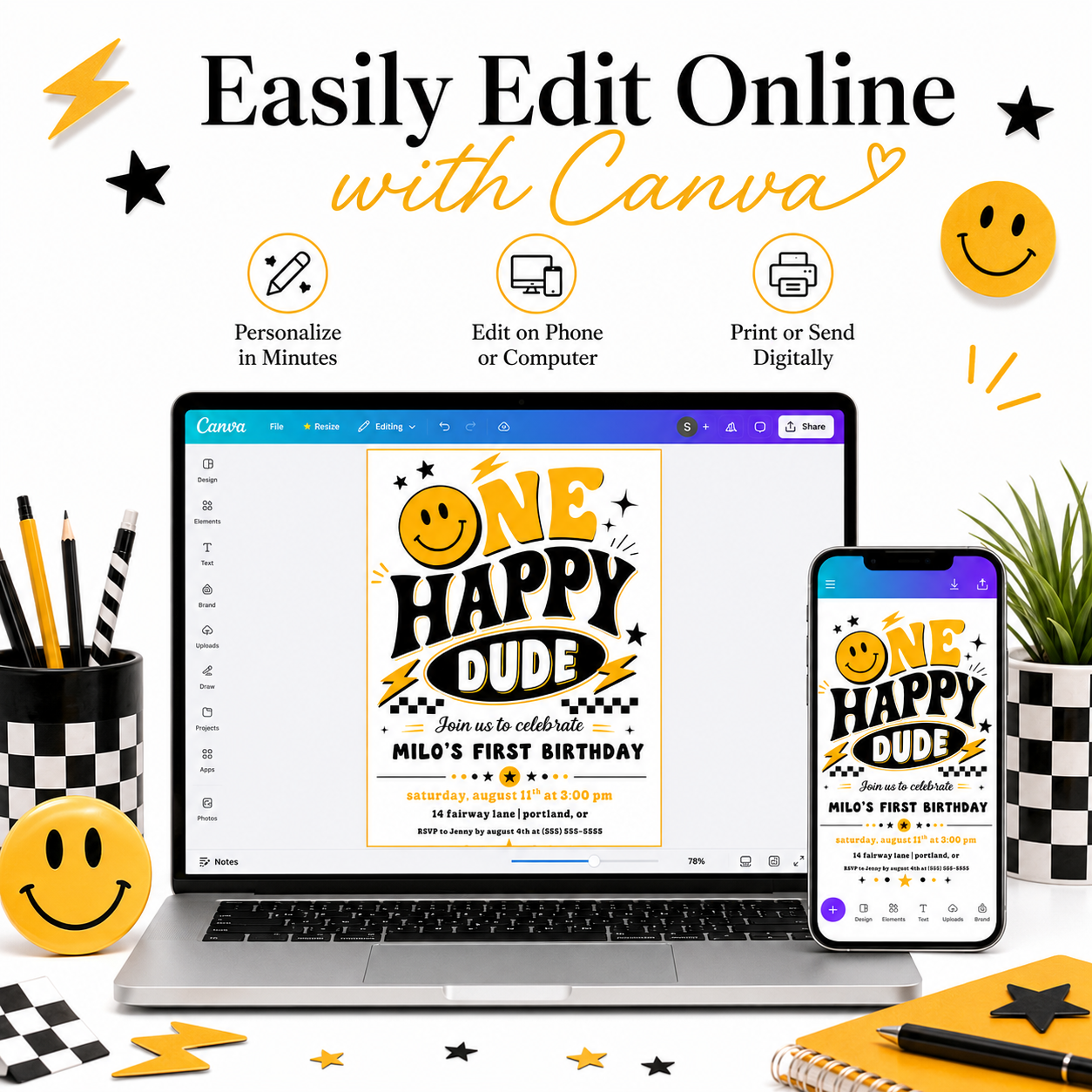 One Happy Dude first birthday invitation with retro smiley face, yellow and black lettering, lightning bolts, stars, and checkerboard birthday party details