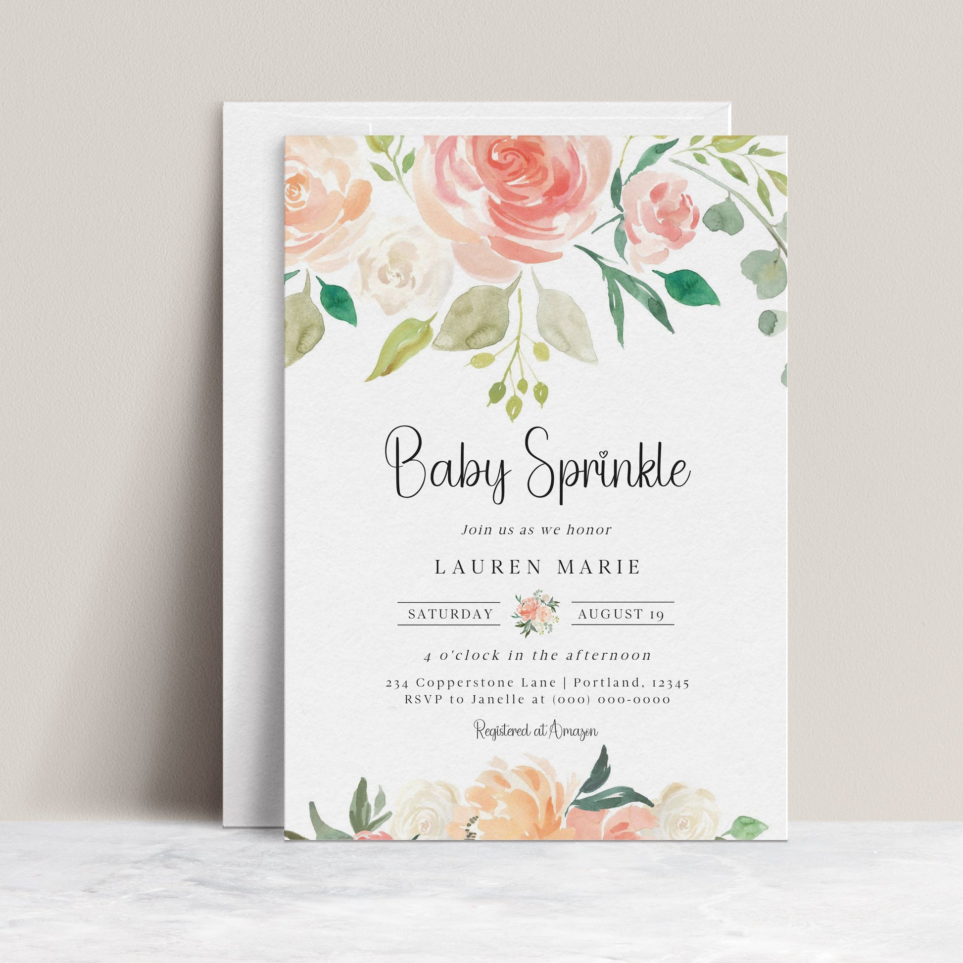 Peach floral baby sprinkle invitation with coral watercolor flowers | www.foreveryourprints.com
