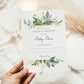 Greenery botanical couples shower invitation template with watercolor tropical leaves, gold line borders, and peach floral accent, editable in Canva