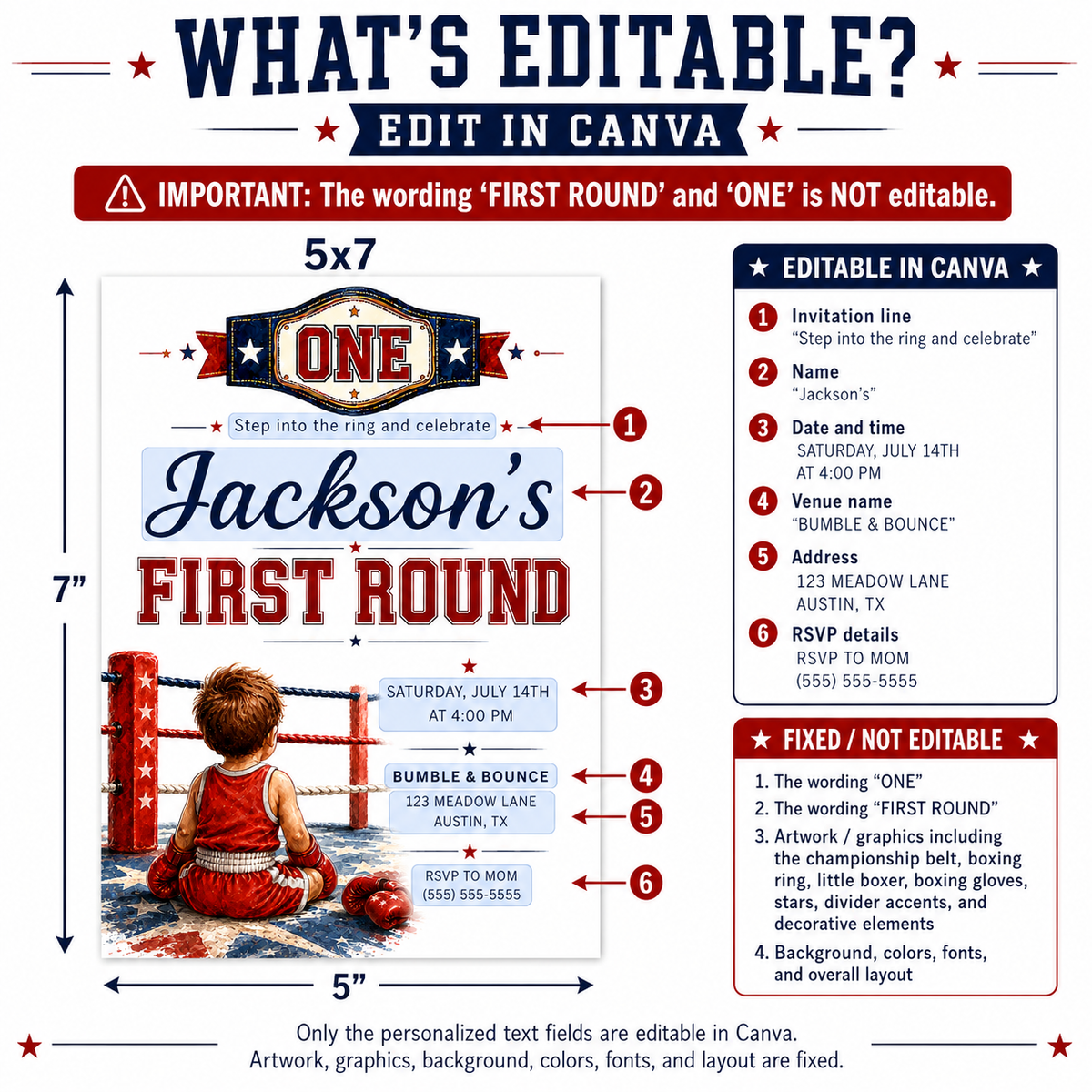 First Round first birthday invitation with championship belt, boxing ring ropes, red and blue stars, and little boxer artwork for a boxing birthday party