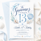 The summer I turned 13 birthday invitation with blue watercolor waves, seashells, starfish, sand dollar, bubbles, seaweed, and elegant coastal details