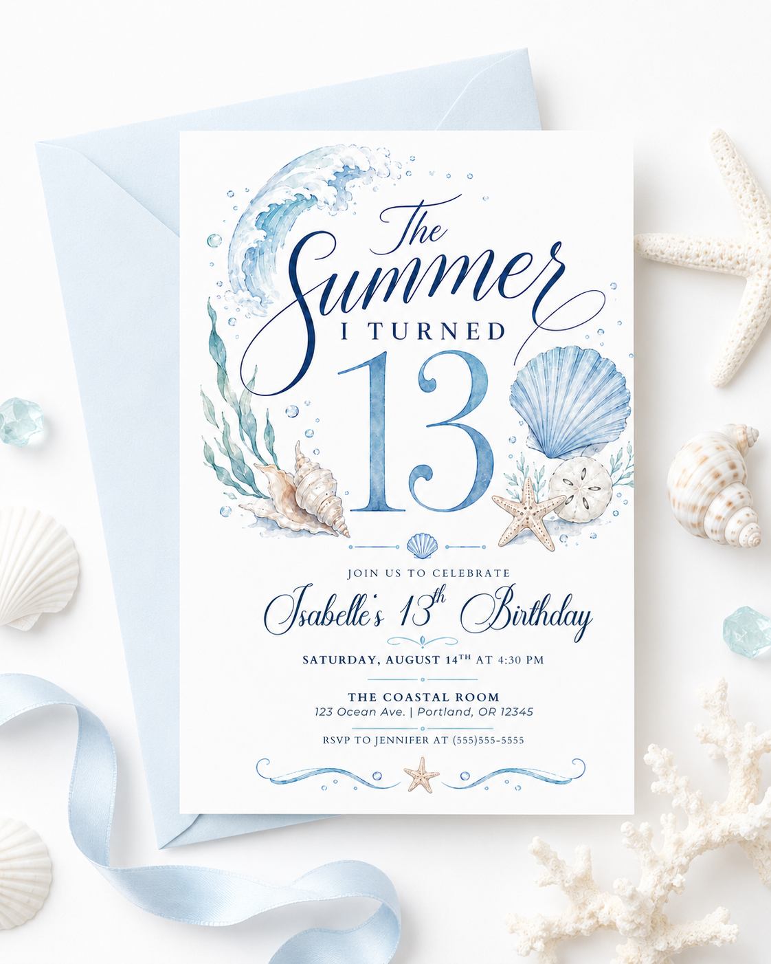 The summer I turned 13 birthday invitation with blue watercolor waves, seashells, starfish, sand dollar, bubbles, seaweed, and elegant coastal details