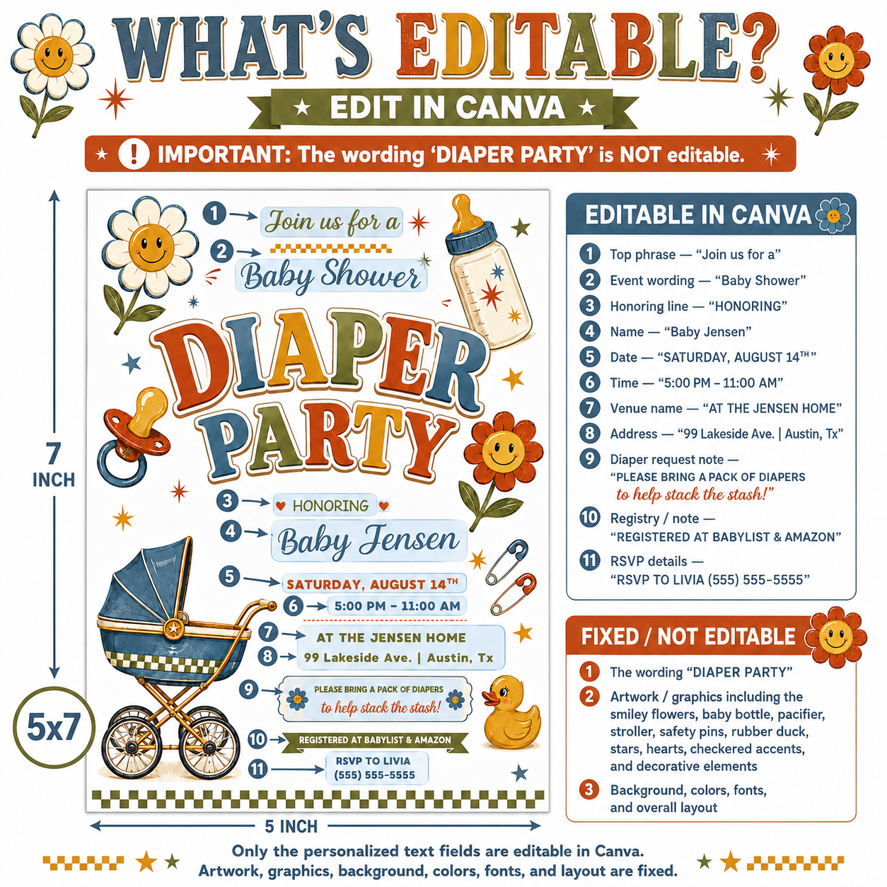 Diaper party baby shower invitation with retro stroller, baby bottle, pacifier, rubber duck, smiley flowers, and checkerboard baby boy shower details