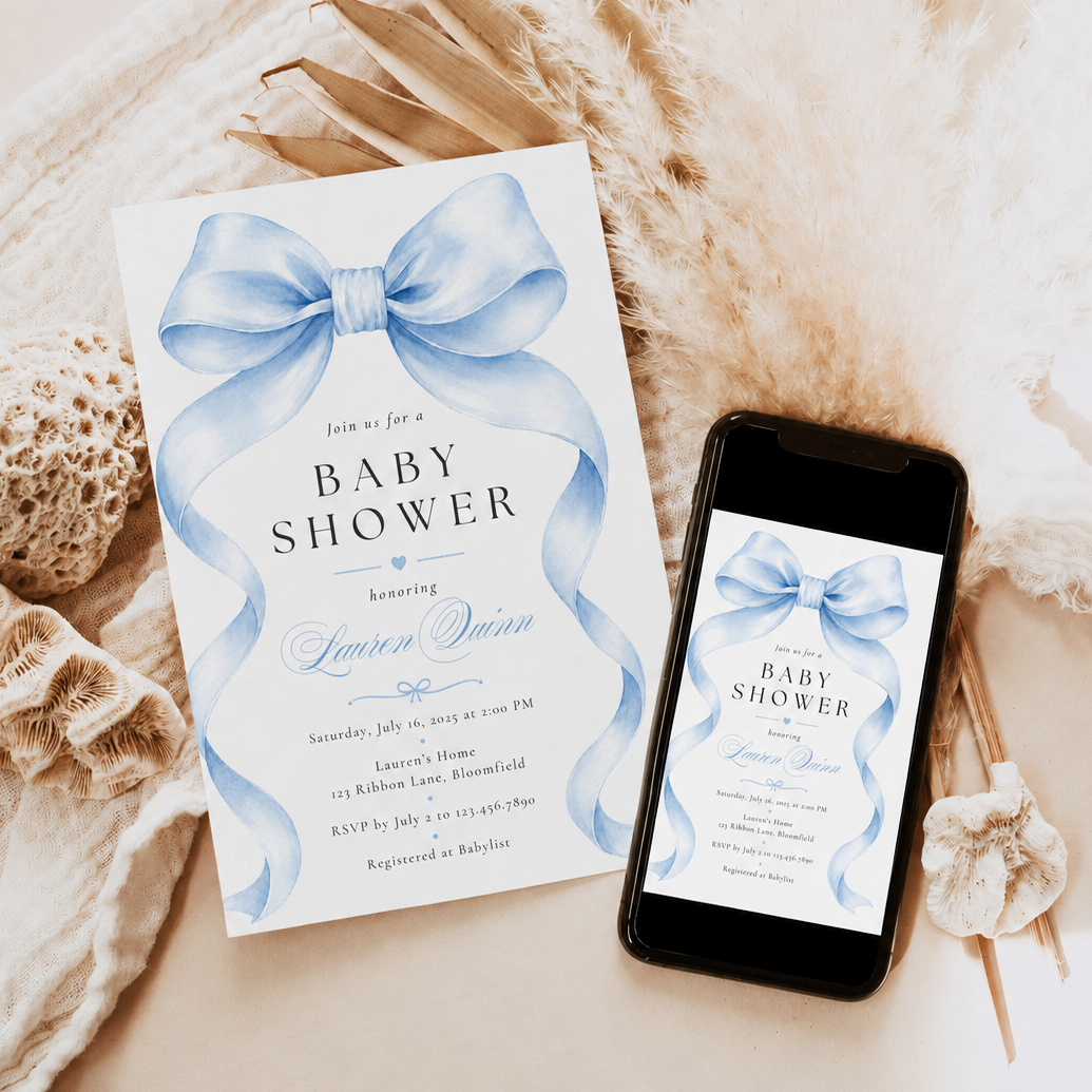 Editable blue bow baby boy shower invitation Canva template with oversized watercolour powder blue bow and flowing ribbon tails, bold spaced serif typography, and blue calligraphy script on a white background