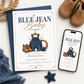 Blue jean baby shower invitation with denim overalls, brown boots, and a lasso in denim blue and caramel