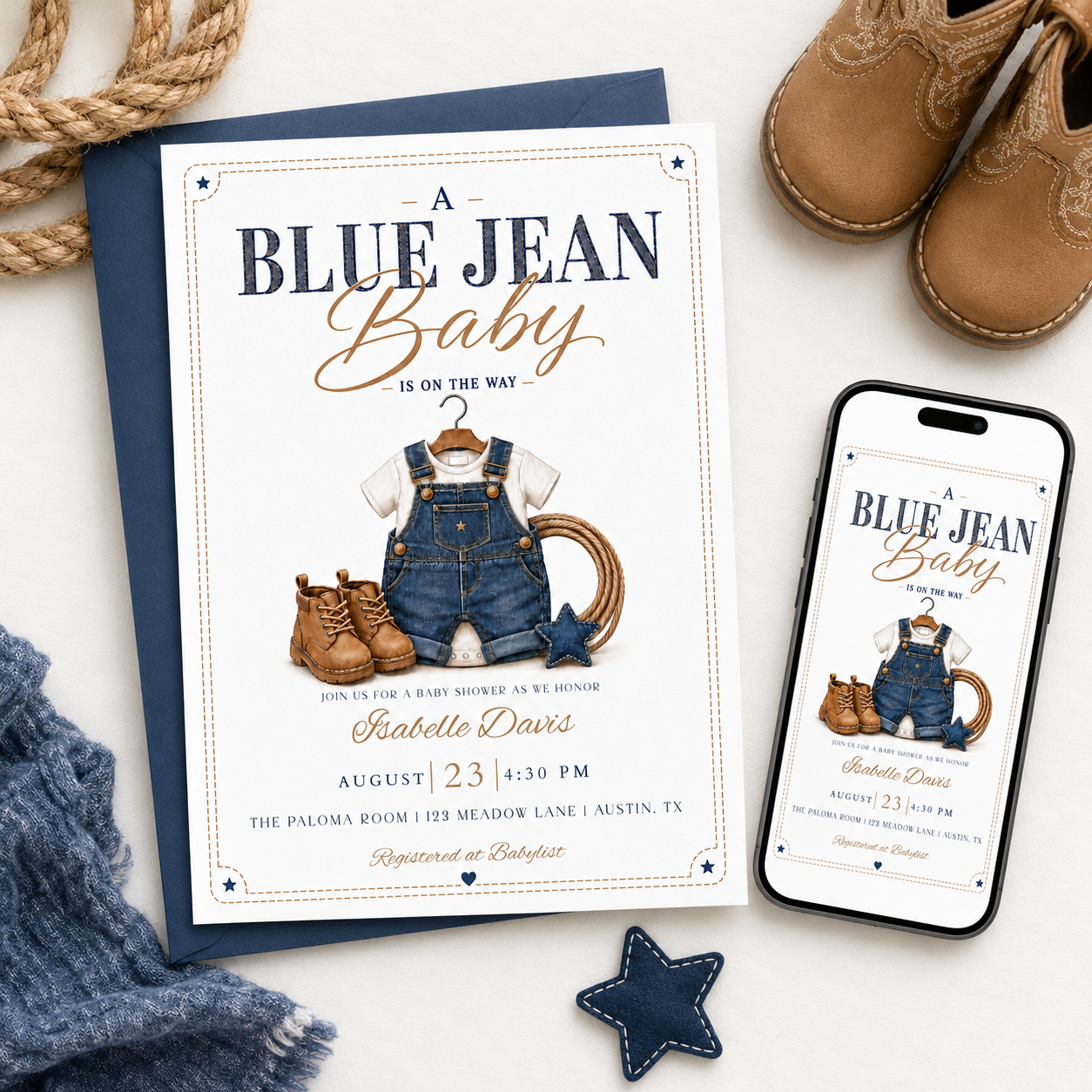 Blue jean baby shower invitation with denim overalls, brown boots, and a lasso in denim blue and caramel