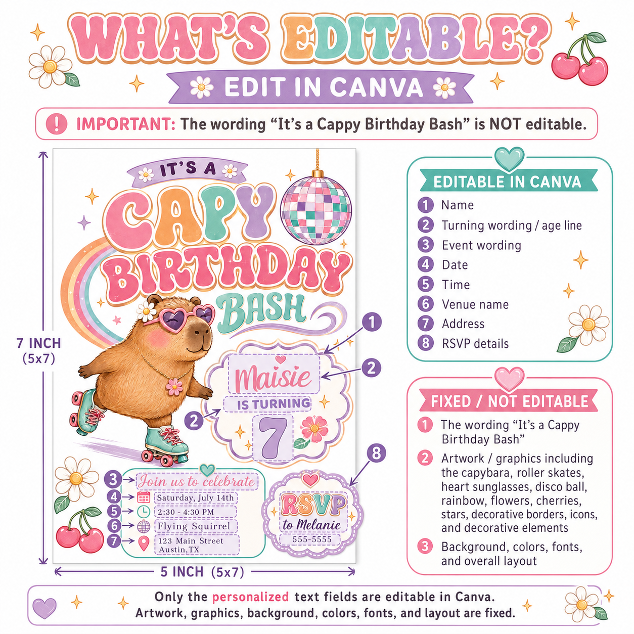 Capybara birthday invitation with roller skates, heart sunglasses, disco ball, rainbow, daisies, cherries, and colorful retro girl birthday party details