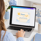 Editable here comes the son diaper raffle card Canva template with smiling sun, fluffy blue and white clouds, gold star accents, and navy and golden script typography on a warm cream background, landscape orientation