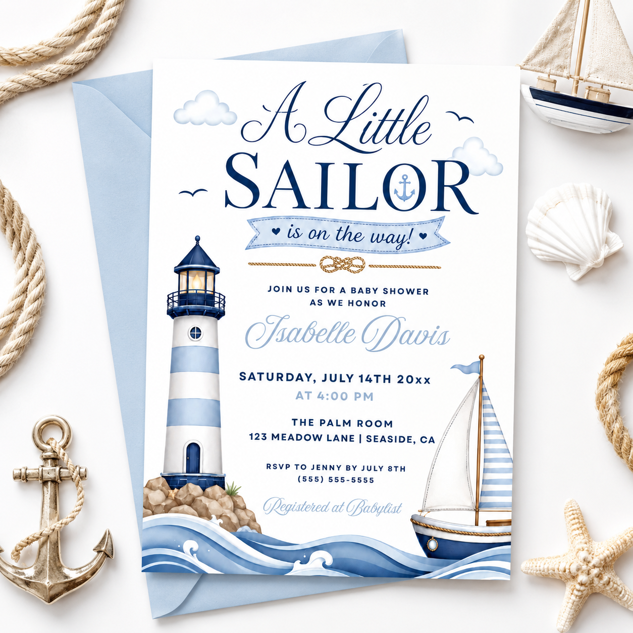 Little sailor nautical baby shower invitation with a lighthouse, sailboat, and ocean waves in navy and light blue