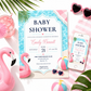 Tropical flamingo baby shower invitation with a flamingo float, beach ball, and heart sunglasses in navy, pink, and aqua