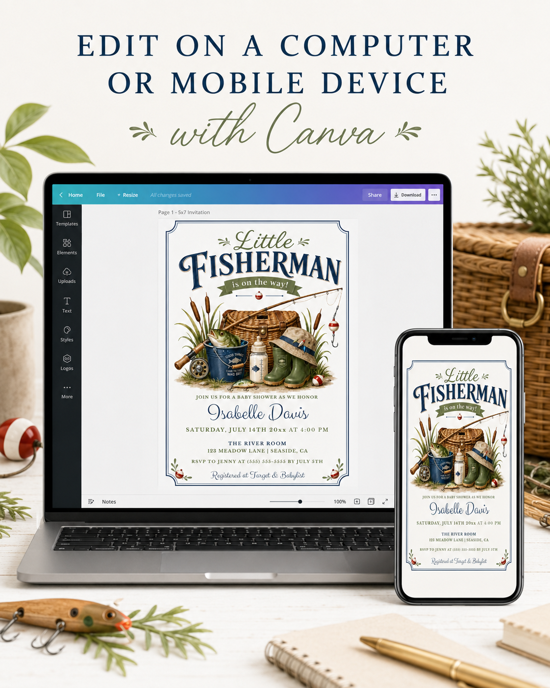Little fisherman baby shower invitation with fishing gear, a creel basket, and green boots in navy and green