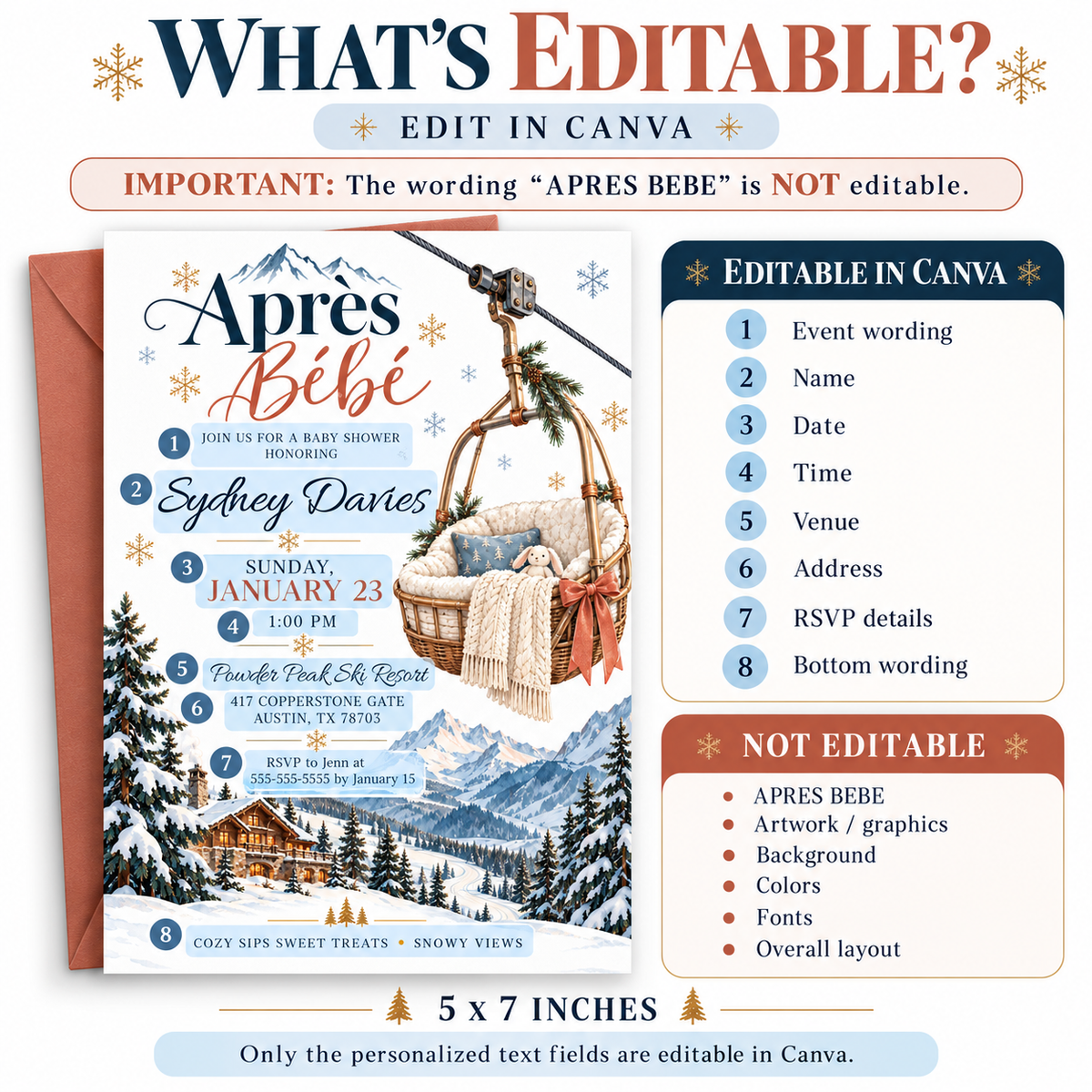 Après Bébé baby shower invitation with a basket-style ski lift holding a plush bunny and knit blanket above snowy mountains, evergreen trees, and a ski chalet