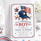 All-American boy birthday invitation featuring a navy baseball cap, American flag, baseball, pinwheel, bunting and red, white and blue stars.