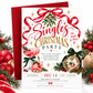 Singles Christmas party invitation with pink holiday cocktails, a gold disco ball ornament, hanging mistletoe, flowing red ribbon, green bows, and gold stars