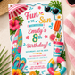 Fun in the sun summer birthday invitation with a surfboard, pool float, and tropical flowers in pink, turquoise, and yellow