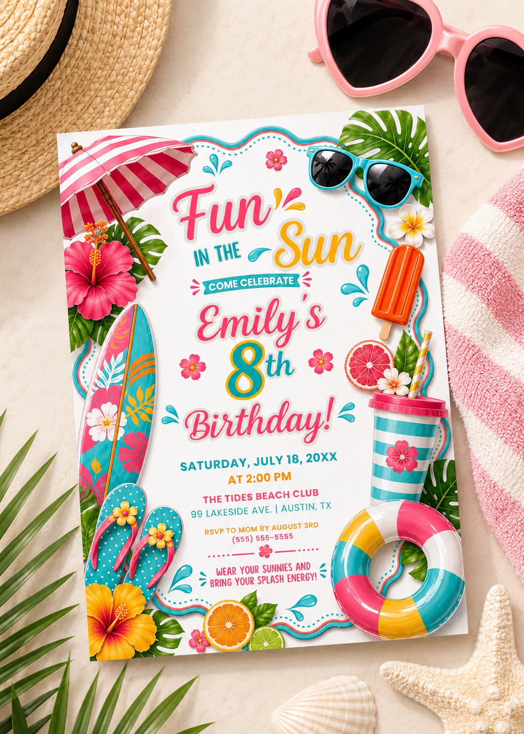 Fun in the sun summer birthday invitation with a surfboard, pool float, and tropical flowers in pink, turquoise, and yellow