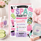 Spa party birthday invitation with nail polish, face mask, robe, cucumber slices, lotion, sugar scrub, makeup brush, hearts, and pink purple teal details