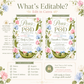Peas in a pod gender reveal invitation with two peas in pink and blue bows and sweet pea flowers